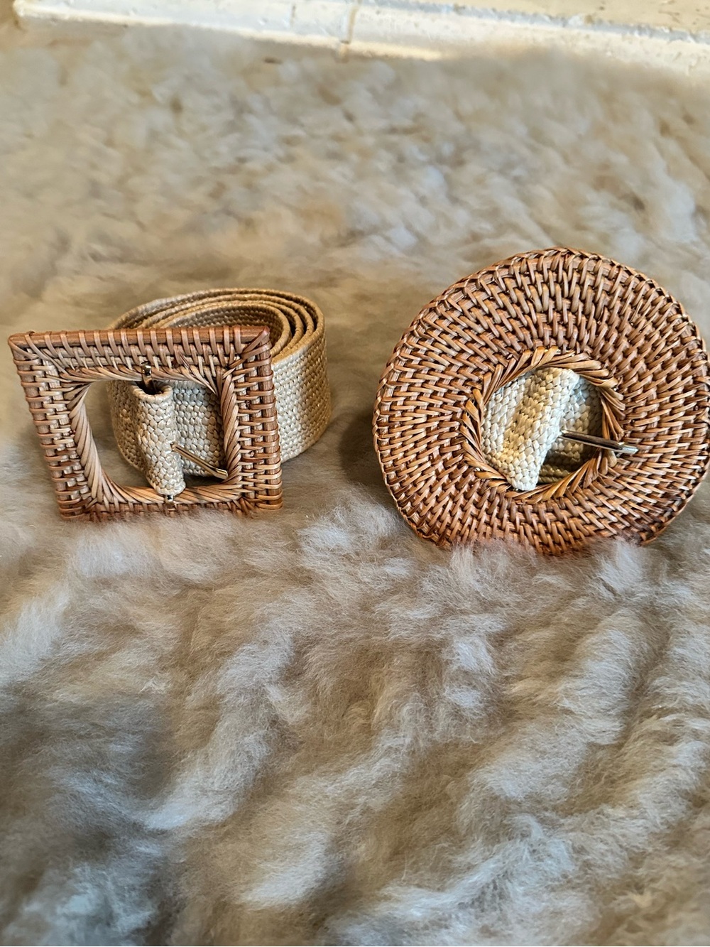 Woven Natural Straw Belts with Rattan Buckle - Neutral Beige